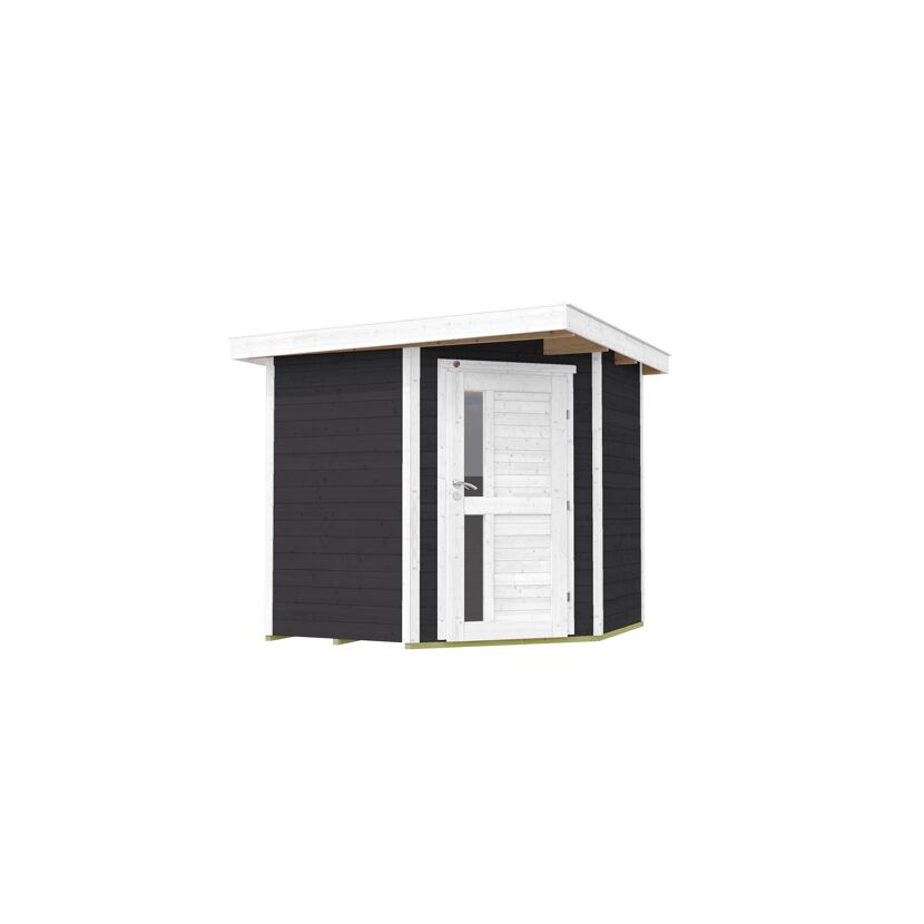 Schwarzes Gartenhaus mit weißer Tür