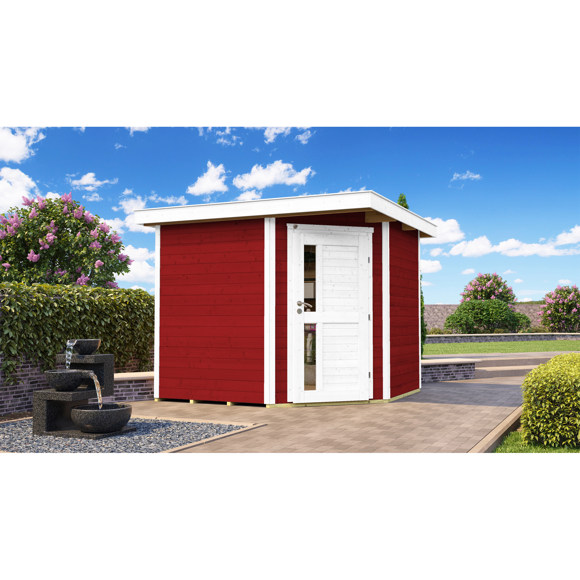 Rotes Gartenhaus mit weißer Tür