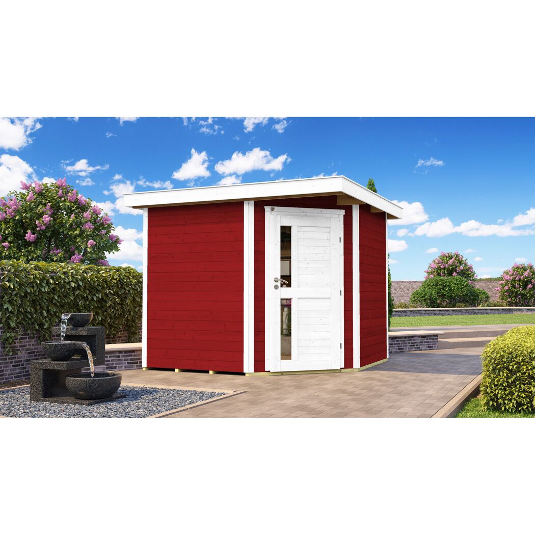 Rotes Gartenhaus mit weißer Tür