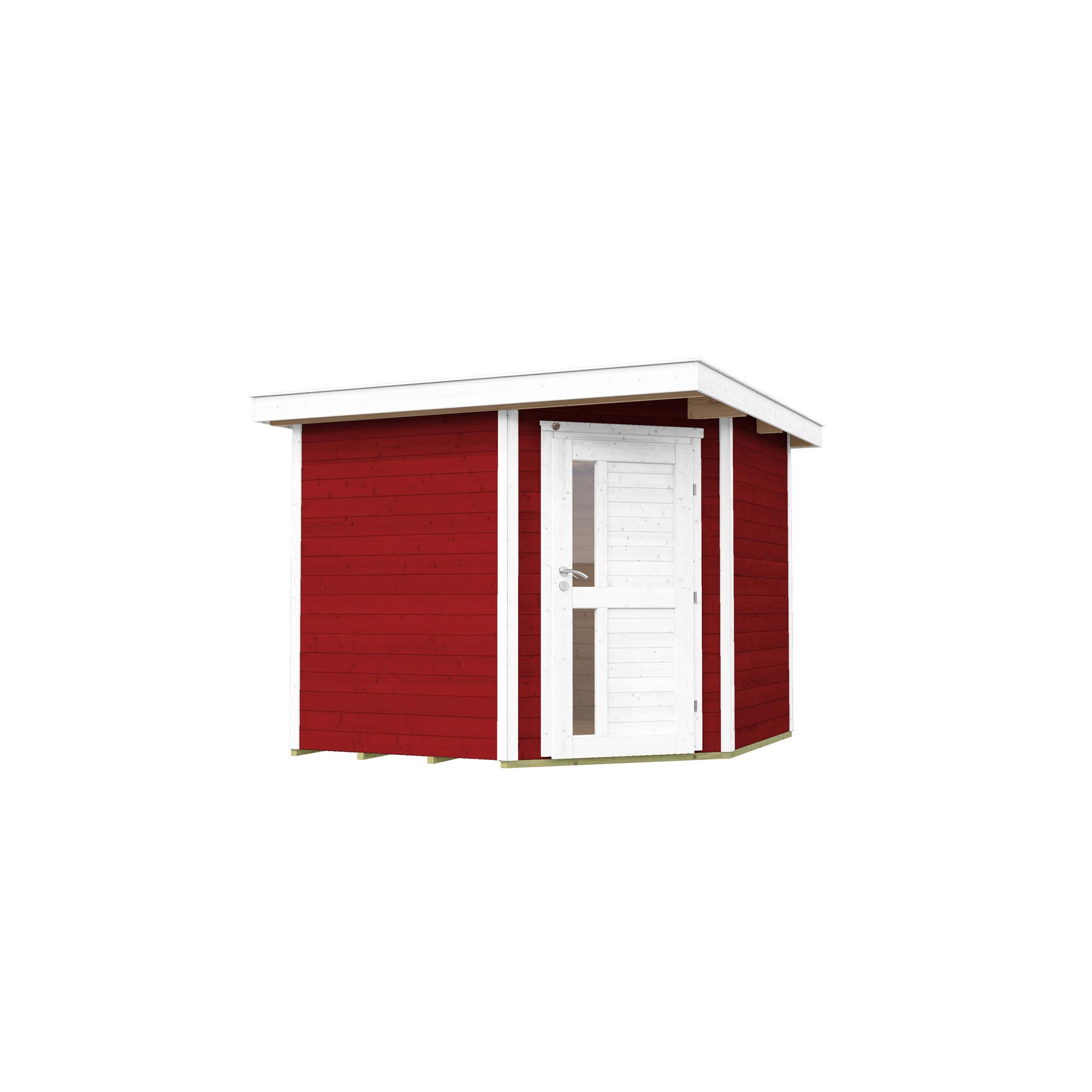 Rotes Gartenhaus mit weißer Tür