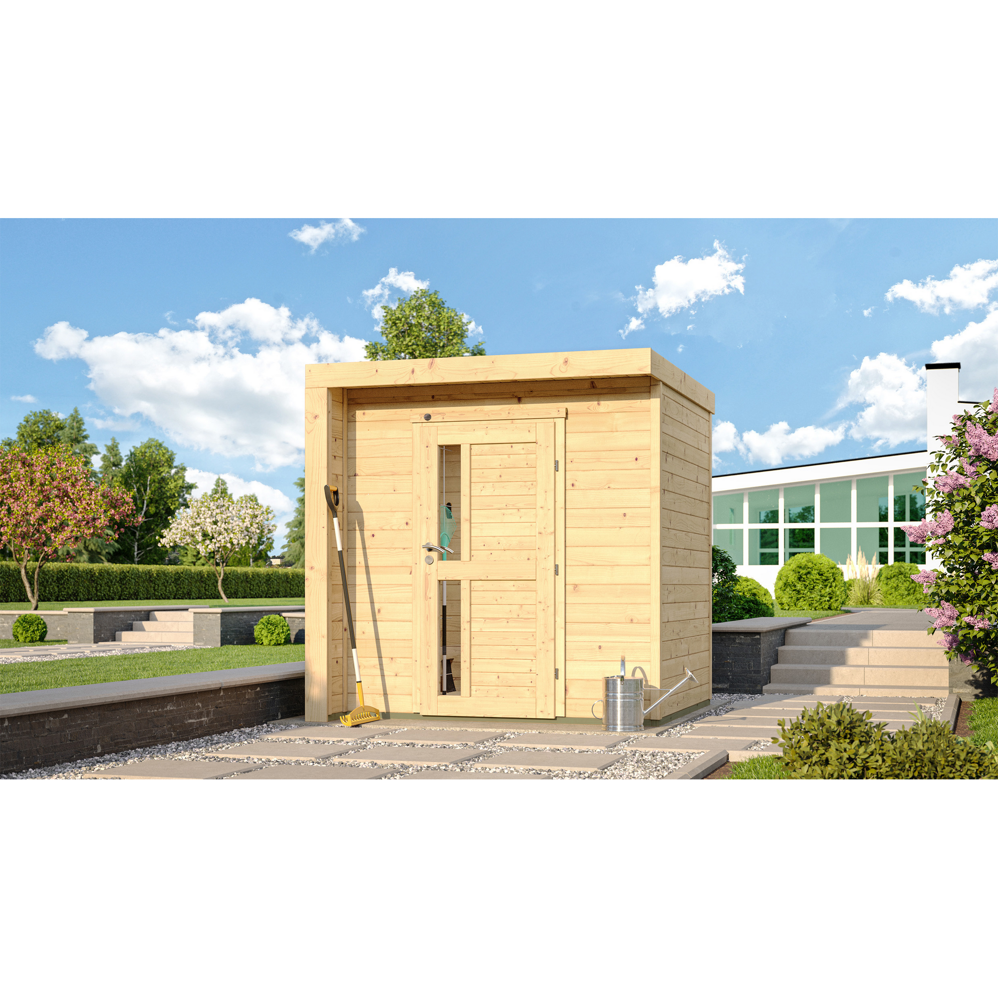 Gartenhaus aus Holz mit Besen und Gießkanne