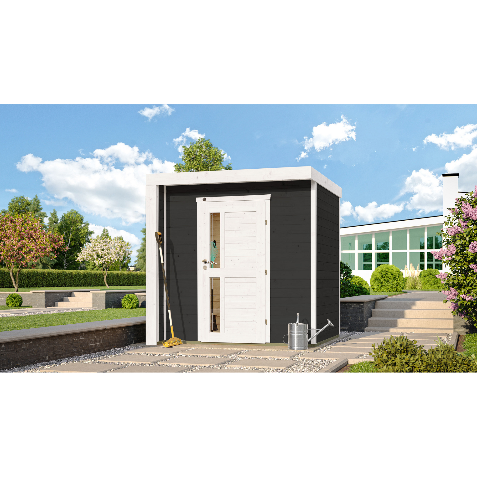 Schwarzer Gartenhaus mit weißer Tür