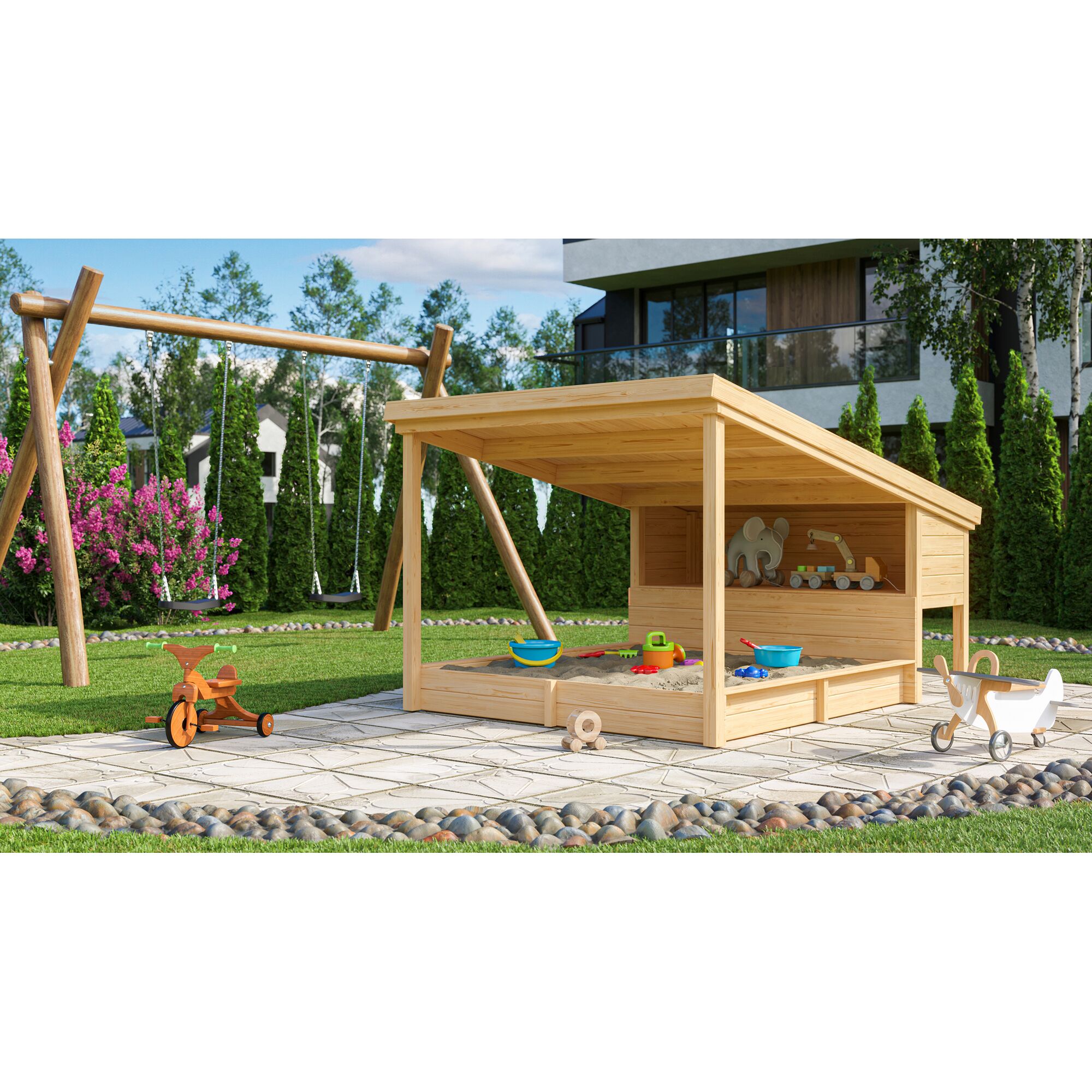 Hölzerner Sandkasten mit Dach und Schaufel