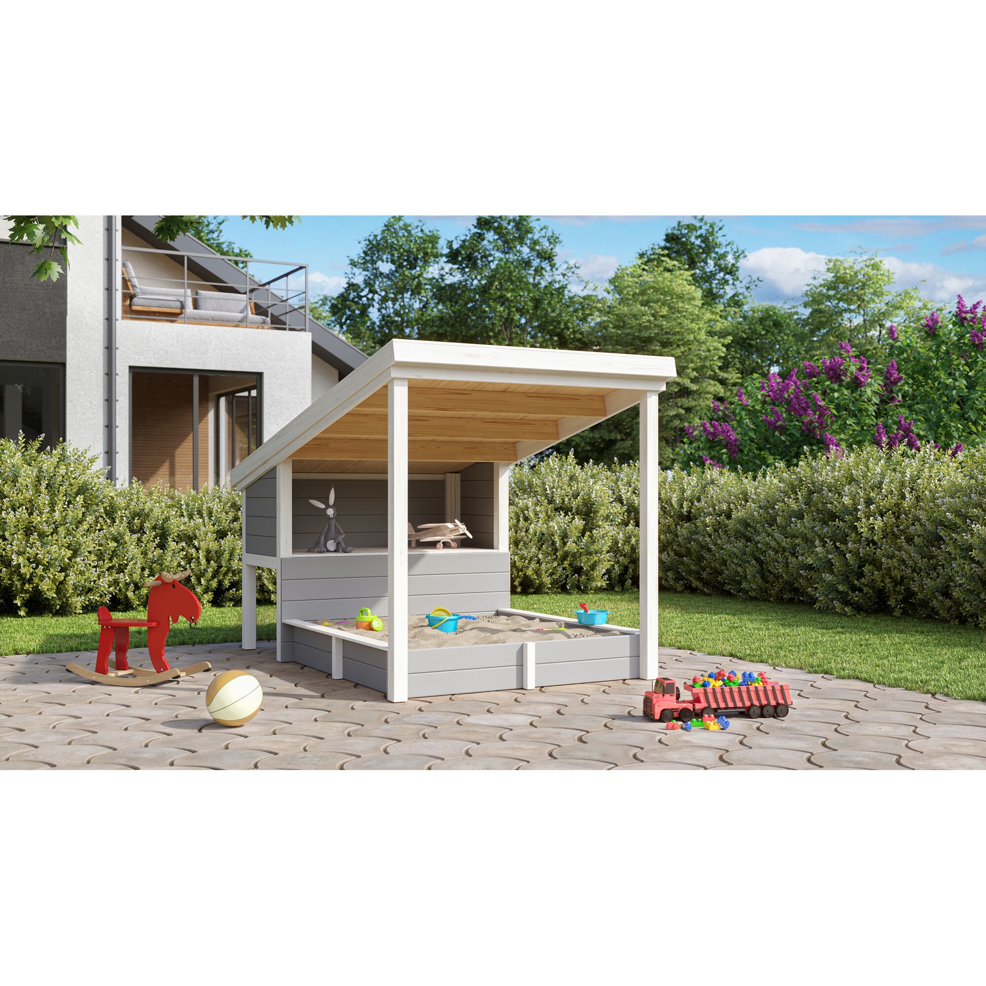Grauer Sandkasten mit Dach