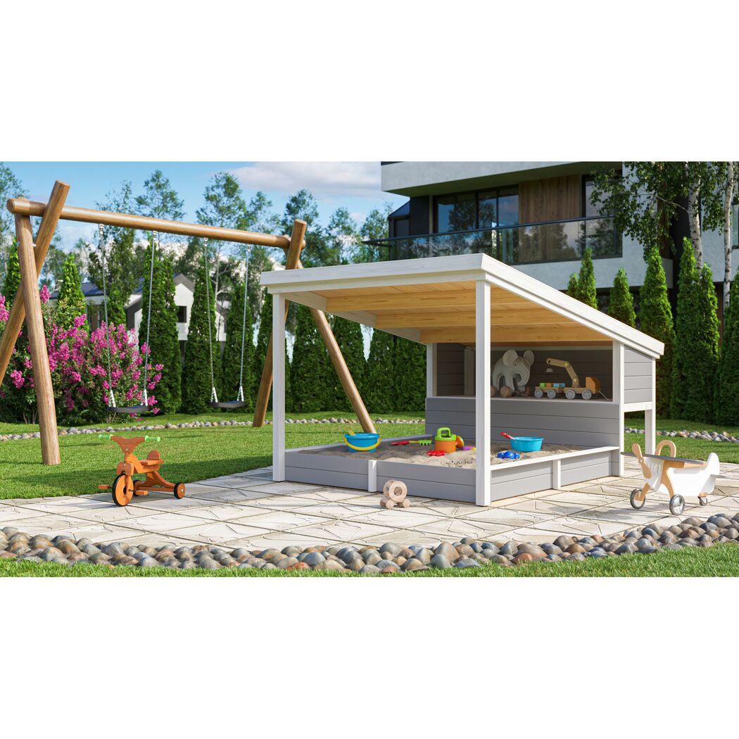 Sandkasten mit Dach und Spielzeug
