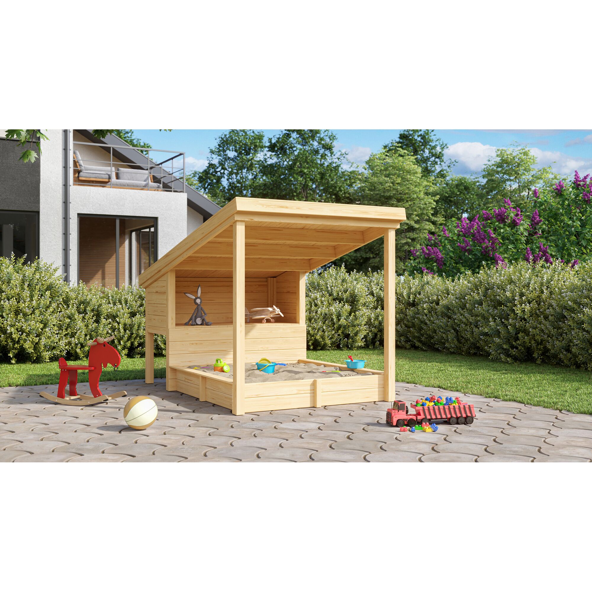 Hölzerner Sandkasten mit Dach