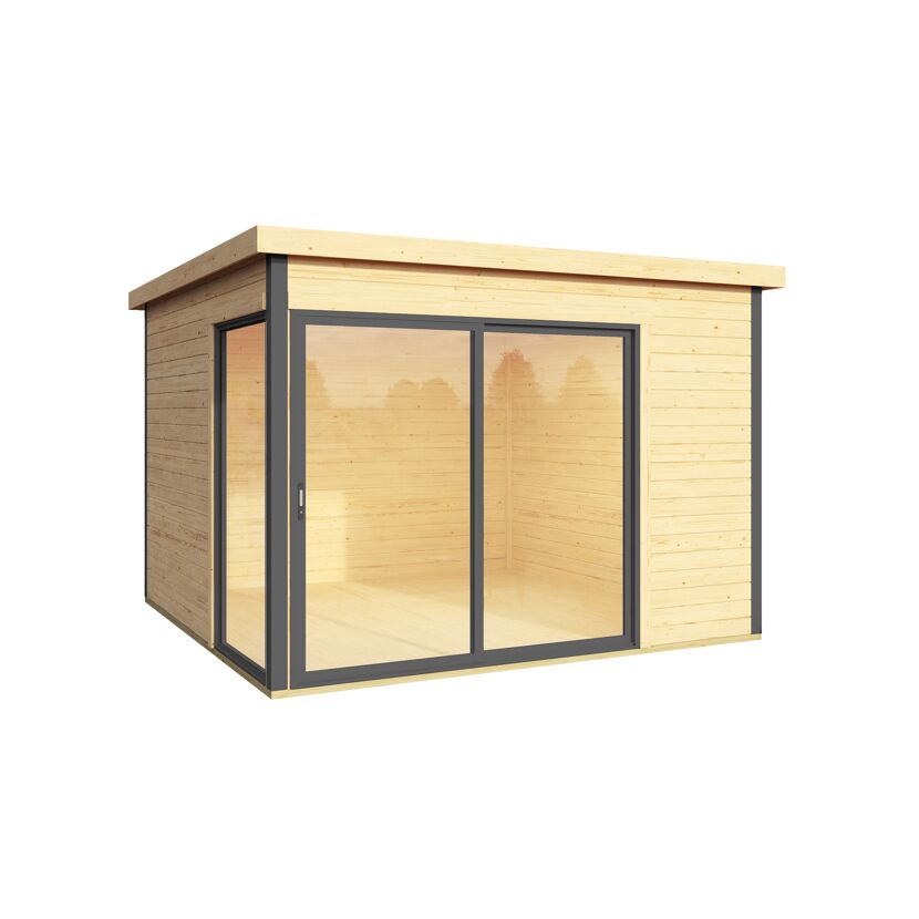 Gartenhaus aus Holz mit großen Fenstern