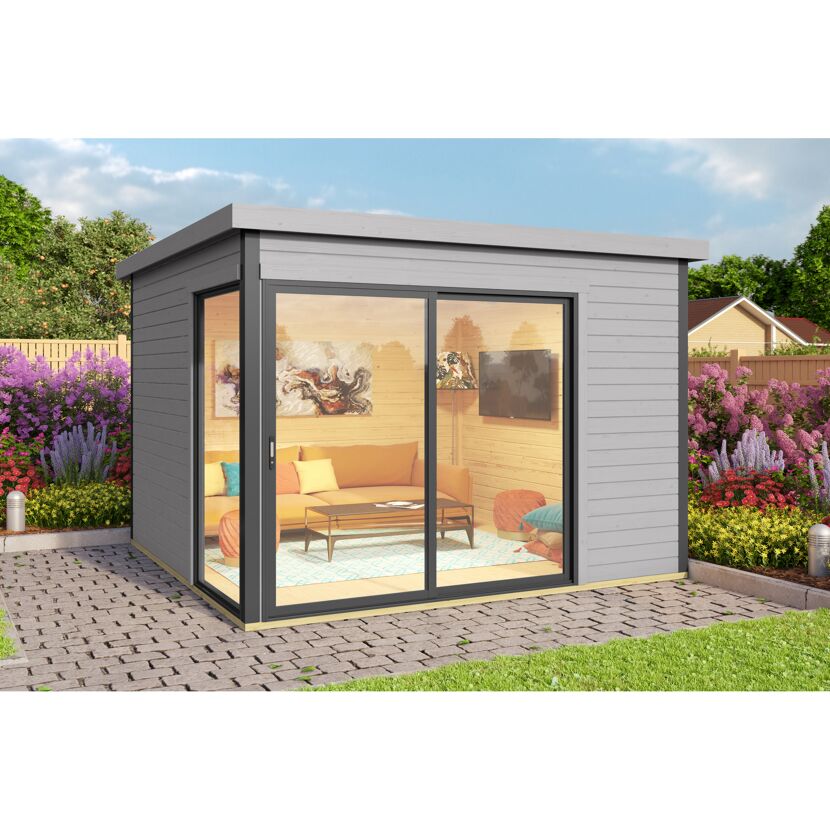 Gartenhaus mit Sofa und TV
