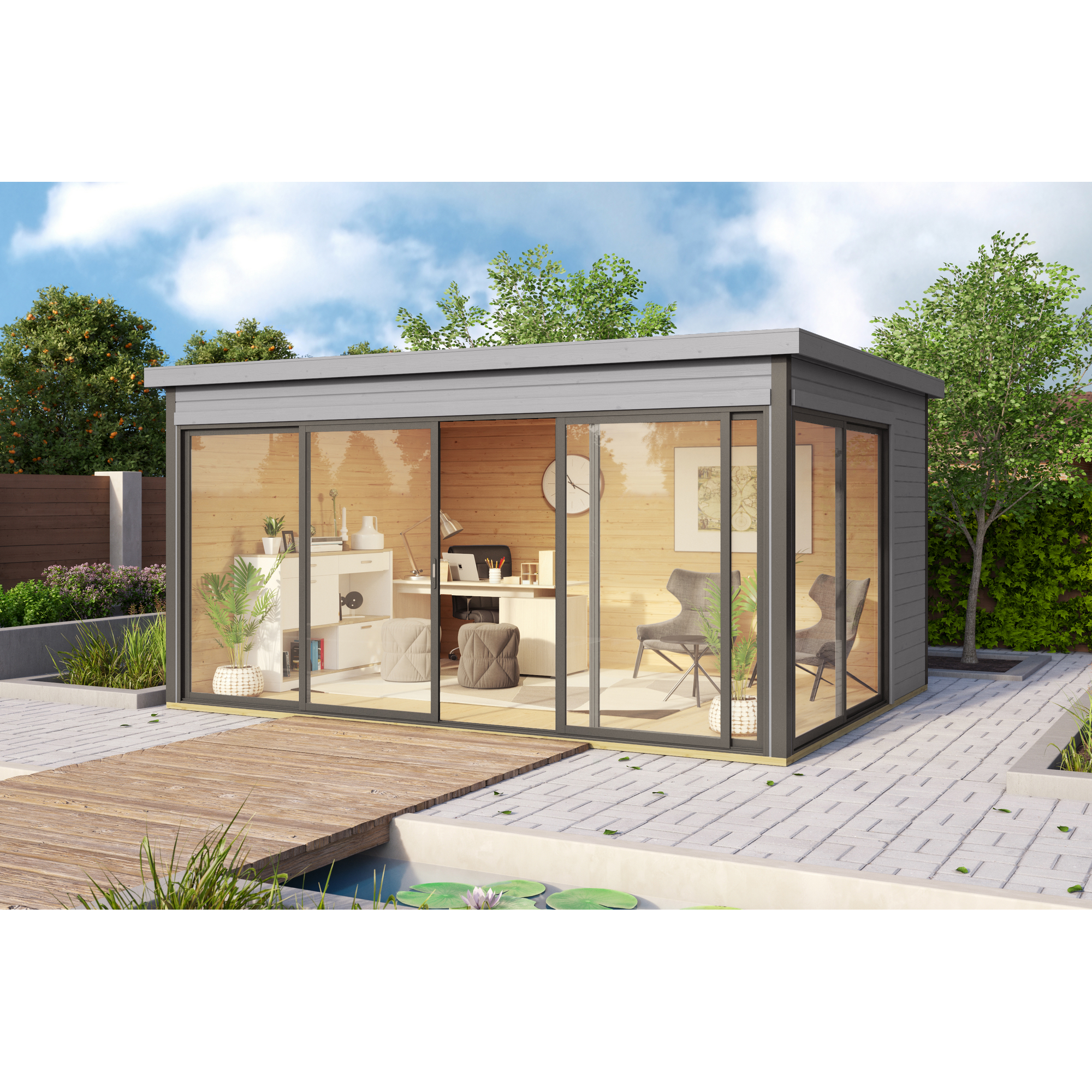Gartenbüro mit großen Fenstern