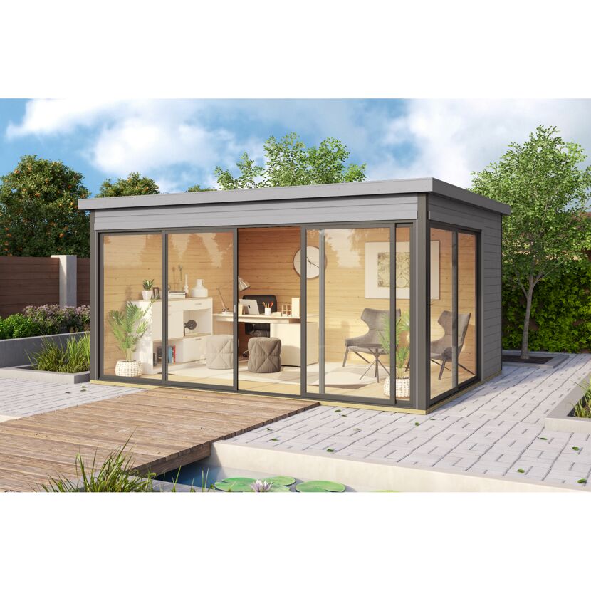 Gartenbüro mit großen Fenstern