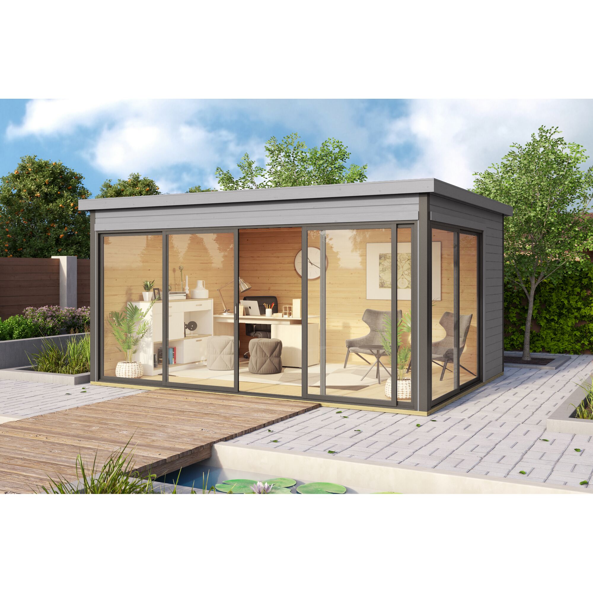 Gartenbüro mit großen Fenstern