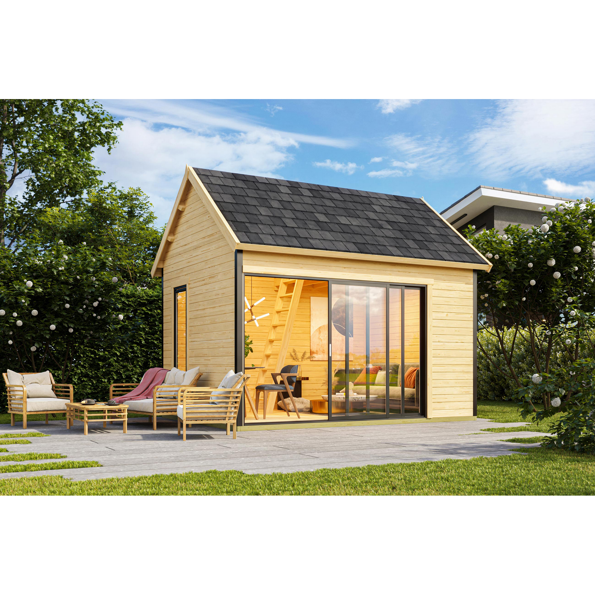 Gartenhaus aus Holz mit Terrasse