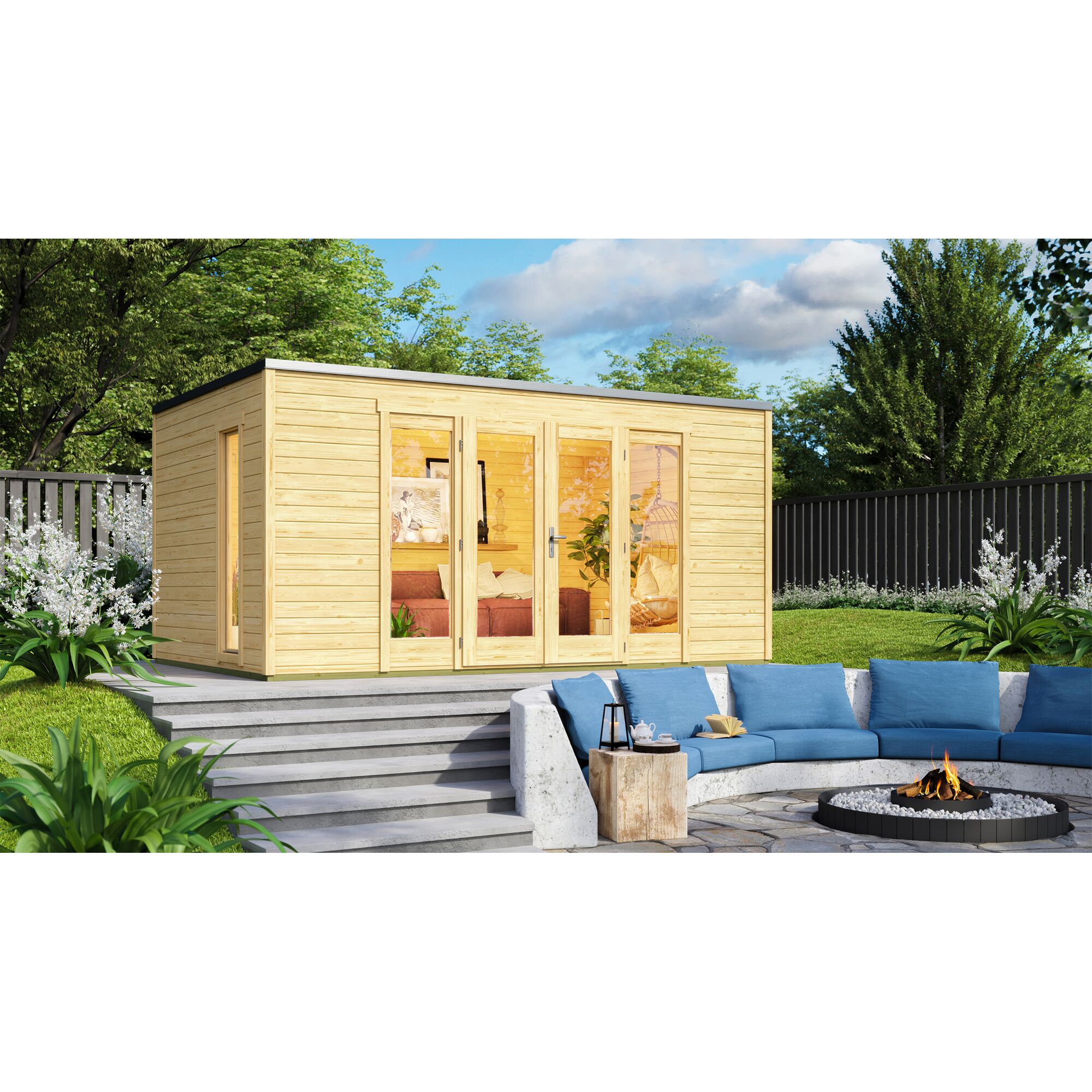 Gartenhaus aus Holz mit großen Fenstern