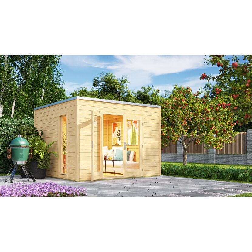 Gartenhaus aus Holz mit geöffneten Türen
