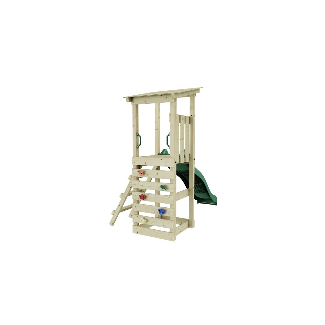 Hölzerner Spielturm mit Rutsche und Kletterwand