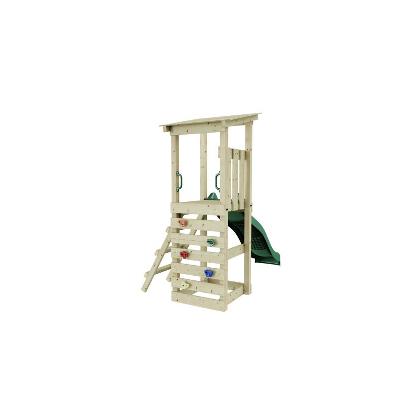 Hölzerner Spielturm mit Rutsche und Kletterwand