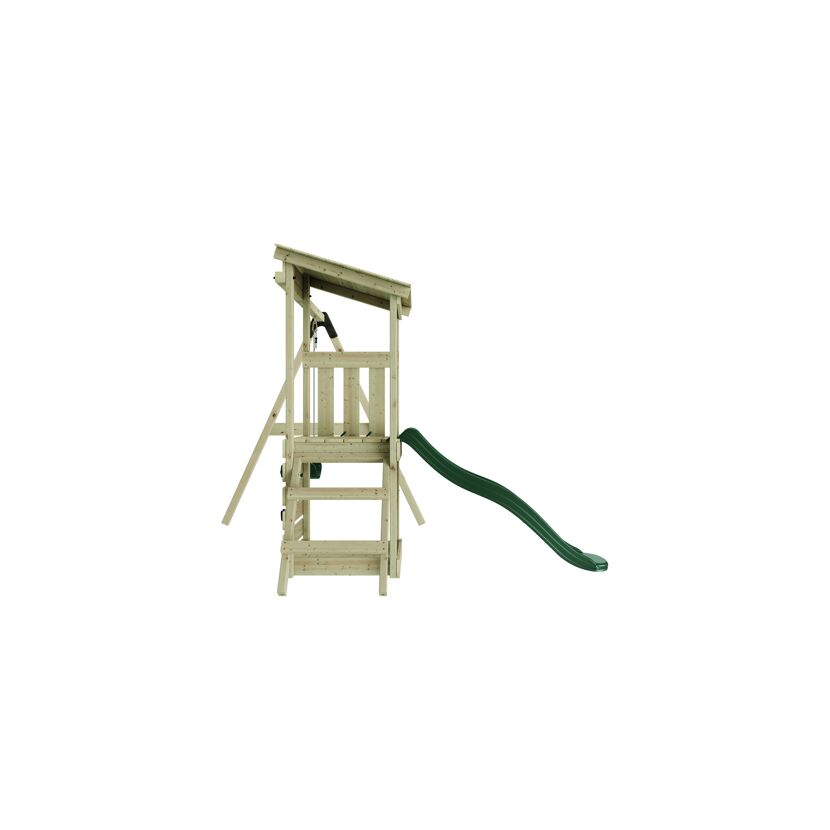 Hölzerner Spielturm mit Rutsche und Schaukel