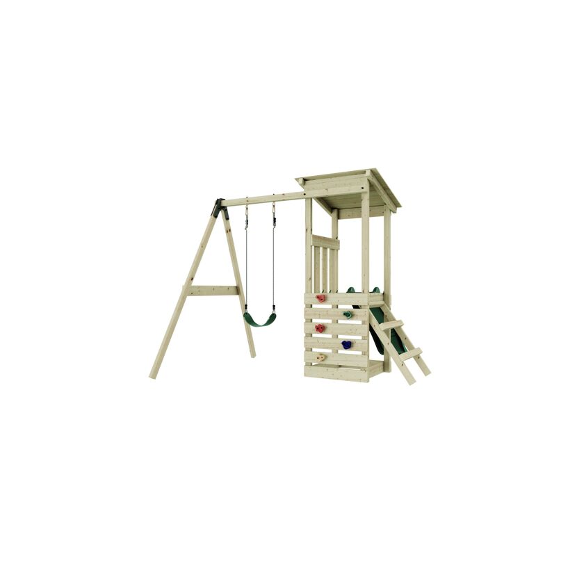 Hölzerner Spielturm mit Schaukel und Rutsche