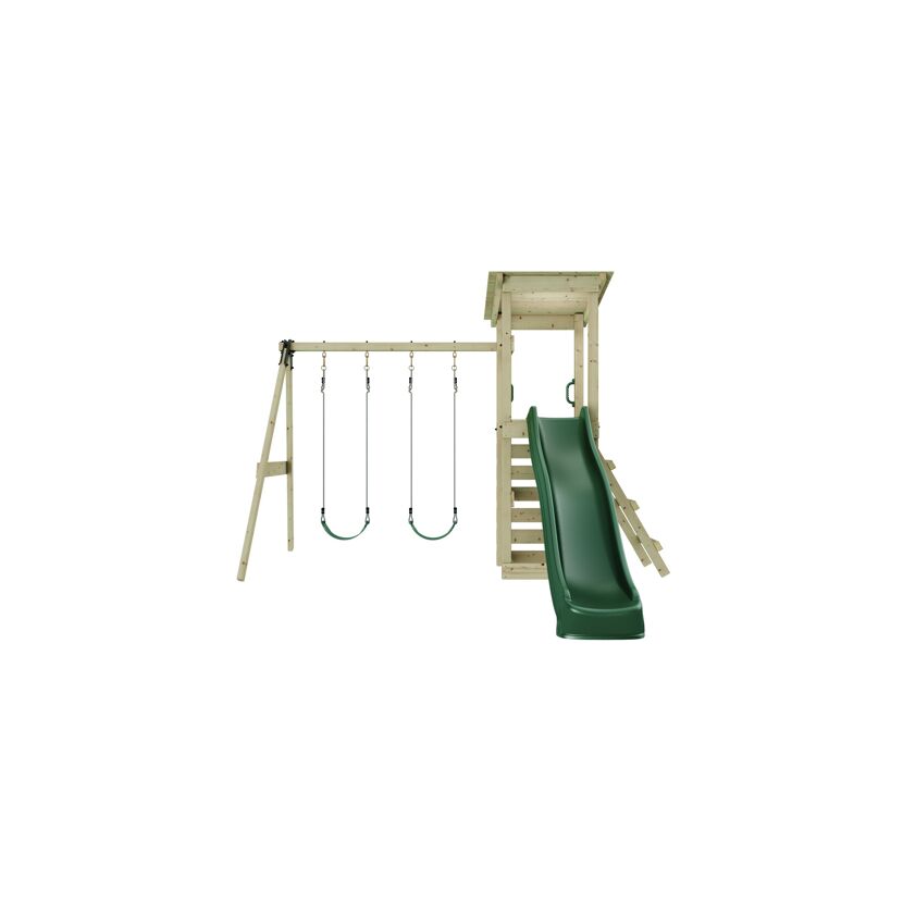 Spielturm mit Rutsche und drei Schaukeln