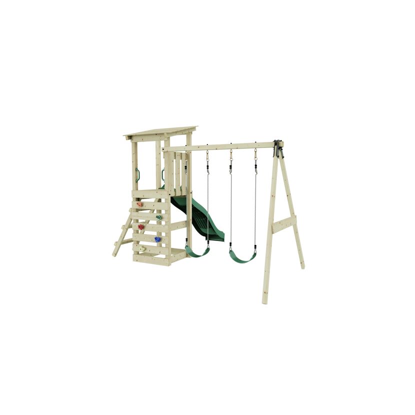Hölzerner Spielturm mit Rutsche und zwei Schaukeln