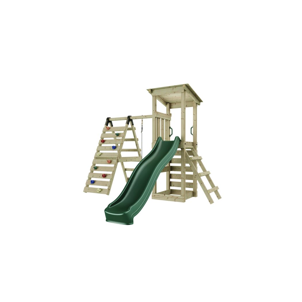 Hölzerner Spielturm mit Rutsche und Kletterwand