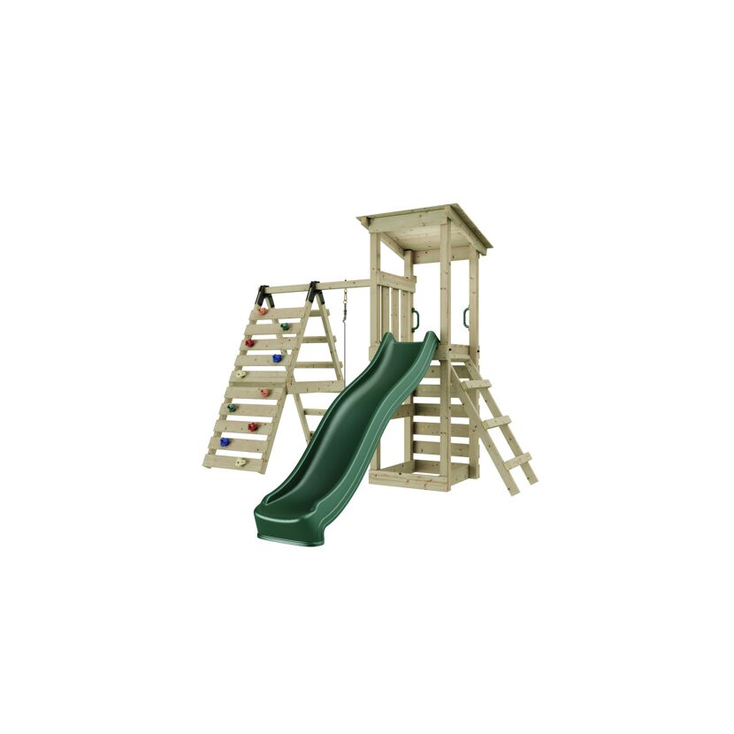 Hölzerner Spielturm mit Rutsche und Kletterwand