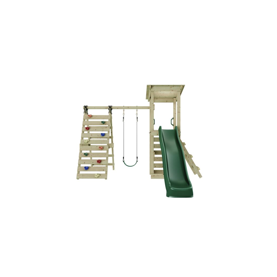 Hölzerner Spielturm mit Rutsche und Schaukel