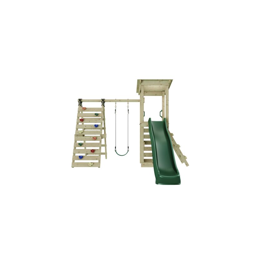 Hölzerner Spielturm mit Rutsche und Schaukel