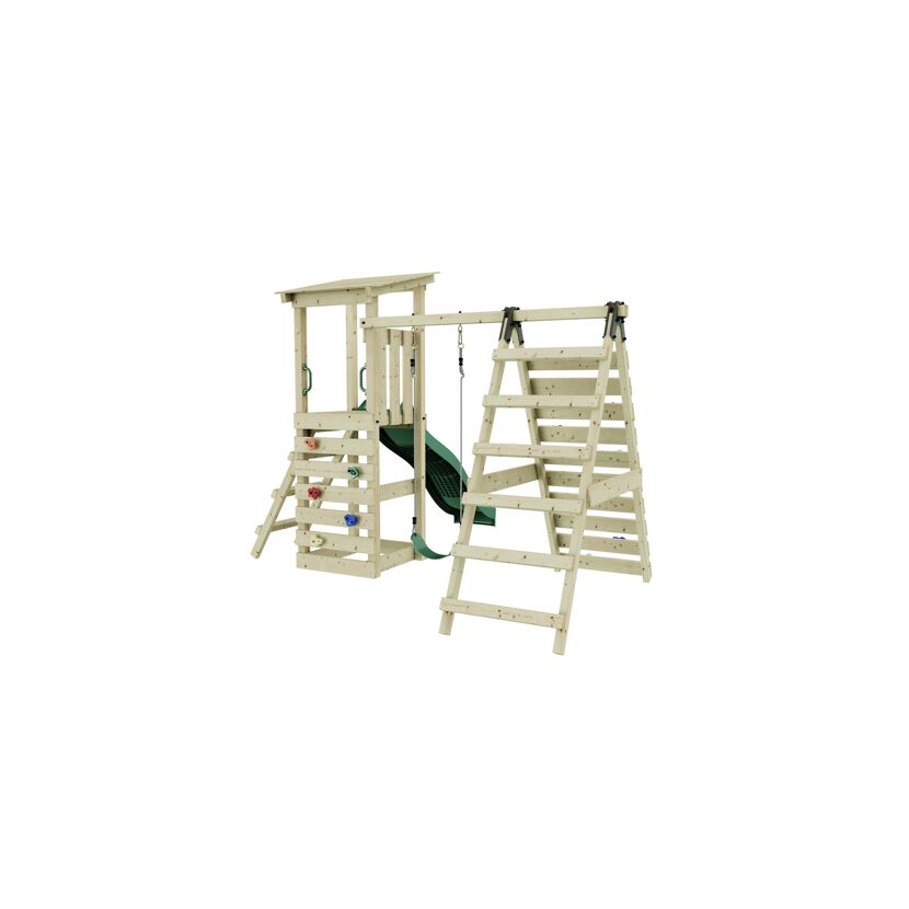 Hölzerner Spielturm mit Rutsche und Kletterwand