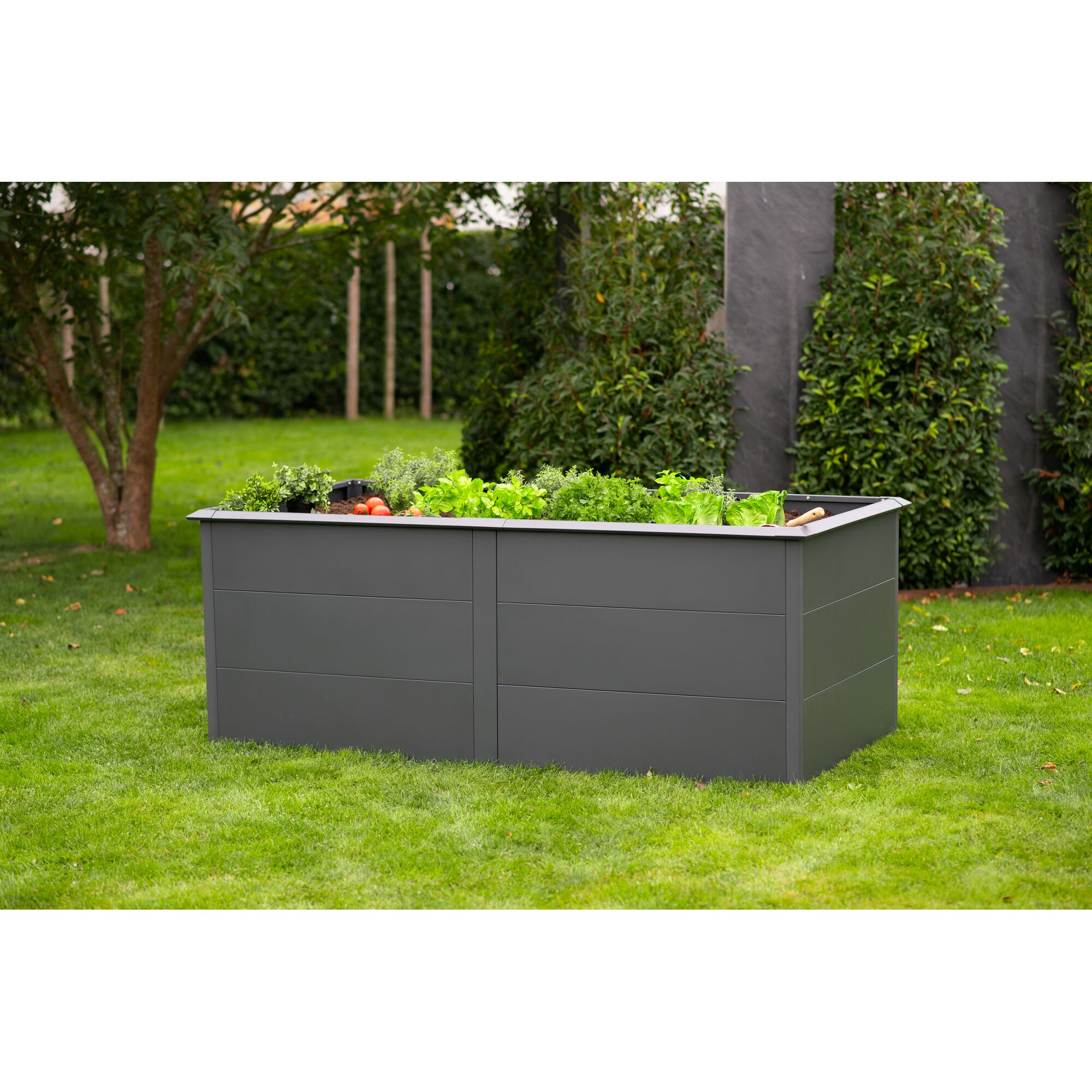 Graues Hochbeet mit Gemüse und Kräutern