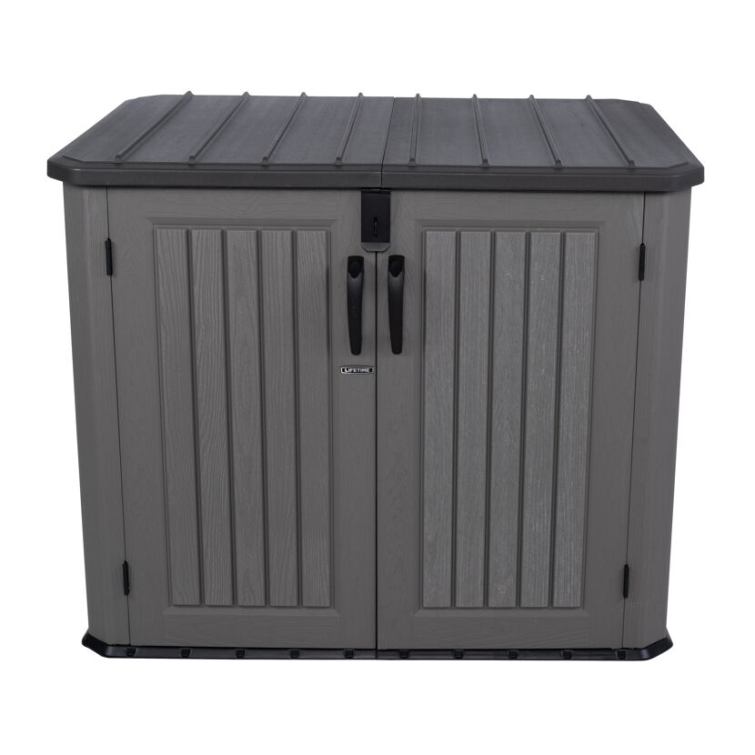 Graue Mülltonnenbox aus Kunststoff