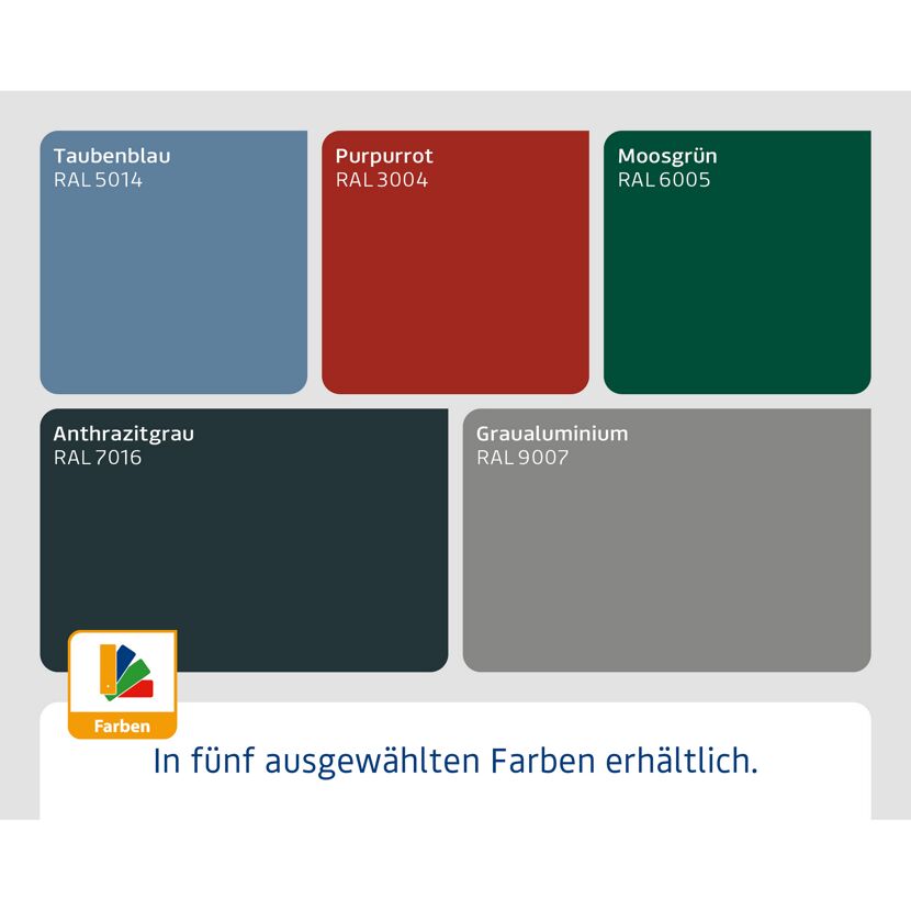 Fünf Farben mit RAL-Angabe