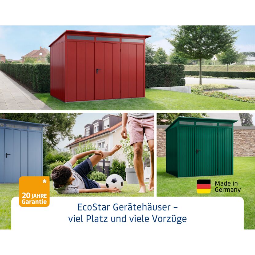 Drei Gartenhäuser in rot, blau und grün