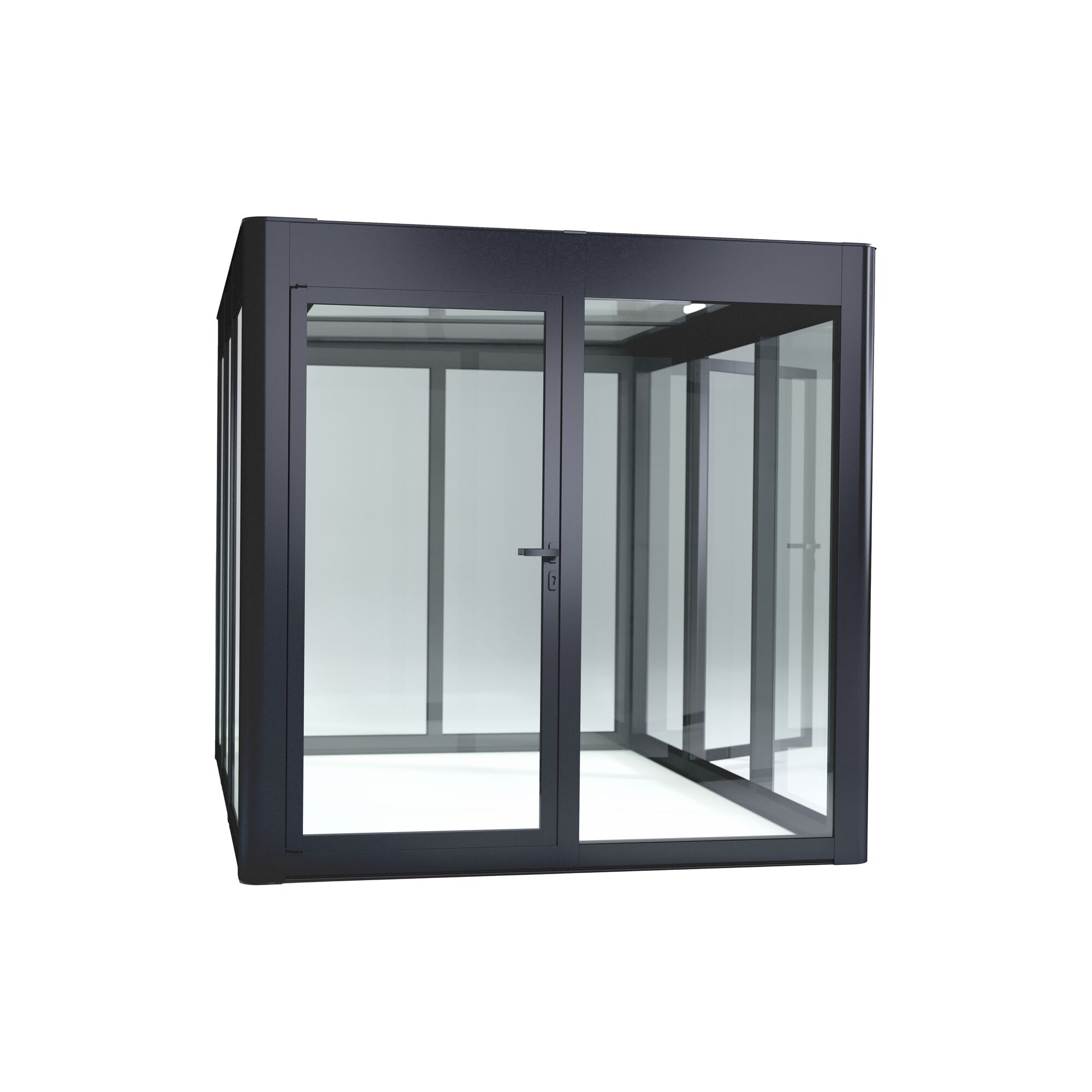 Schwarzer Glaspavillon mit offener Tür