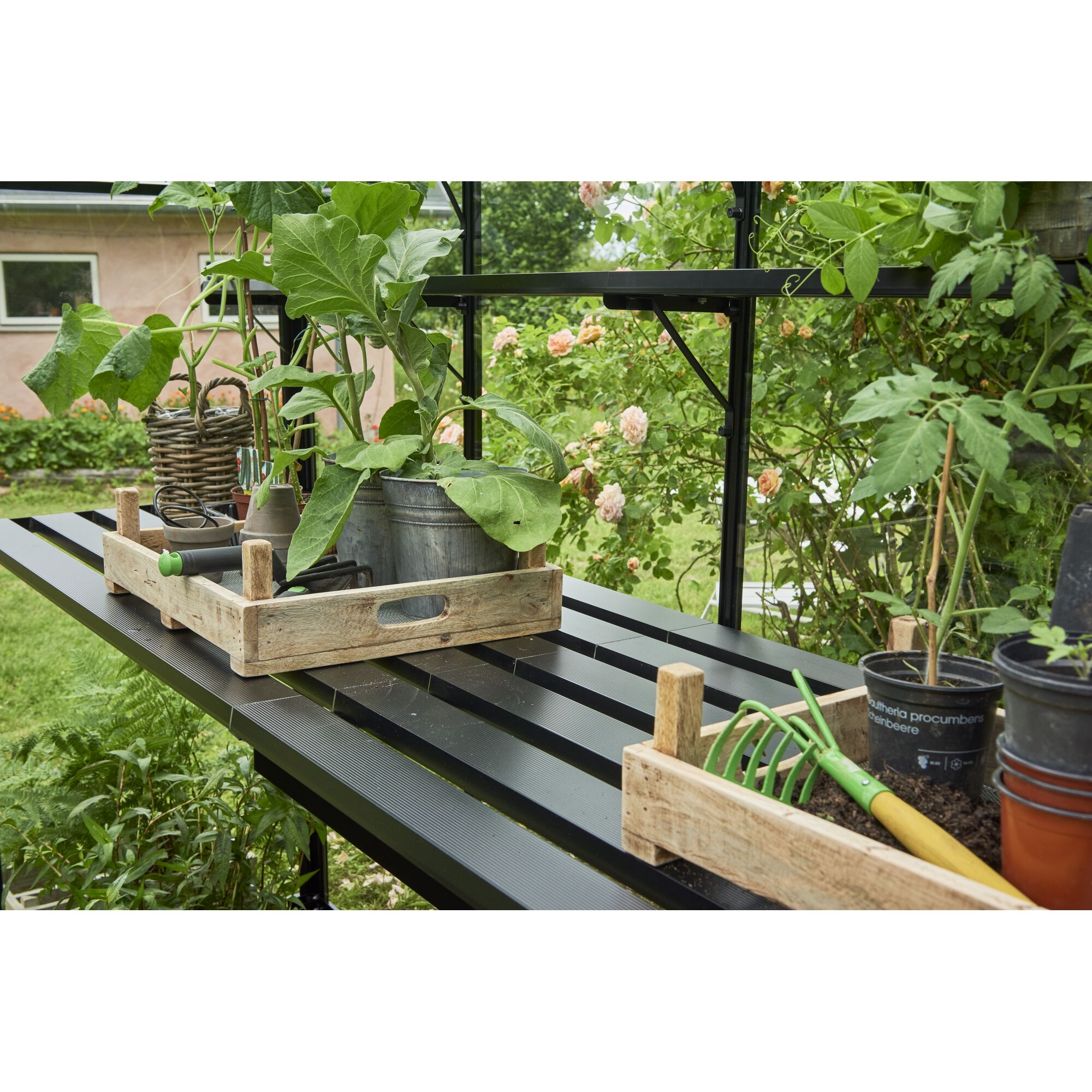 Gartentisch mit Pflanzen und Rechen