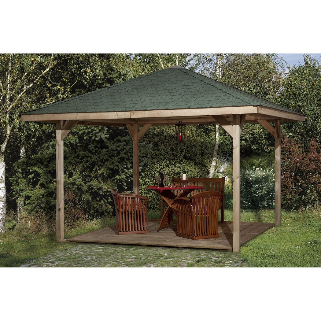 Pavillon mit Gartenmöbeln auf Holzboden
