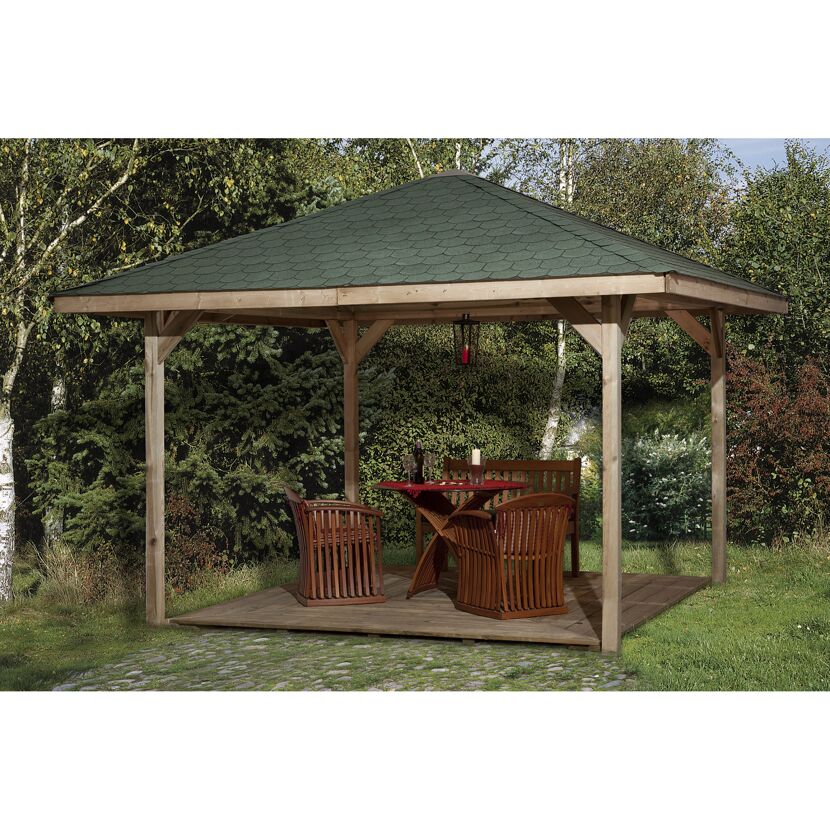 Pavillon mit Gartenmöbeln auf Holzboden