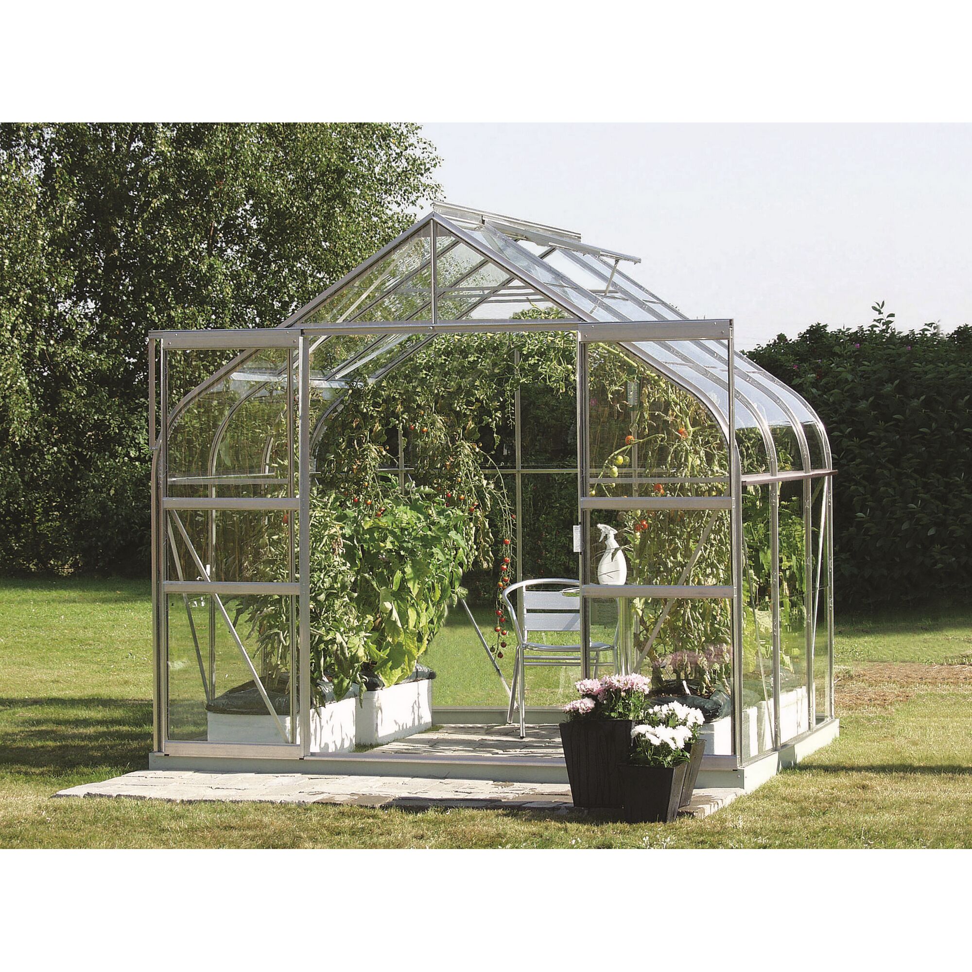 Gewächshaus Diana mit Tomatenpflanzen und Blumen