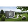 Dunkelgraues Gerätehaus 'Europa 3' im Garten mit geöffneten Türen und Werkzeugen.