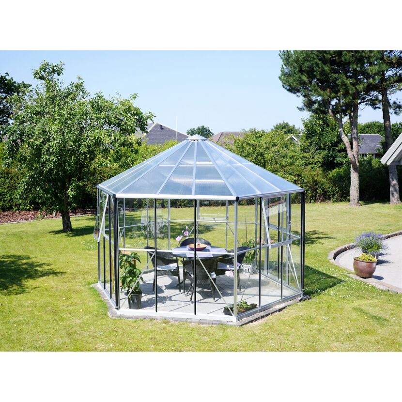 Gewächshaus 'Hera 9000' 383 x 336 cm mit 3 mm Sicherheitsglas/6 mm Hohlkammerplatten aluminiumfarben