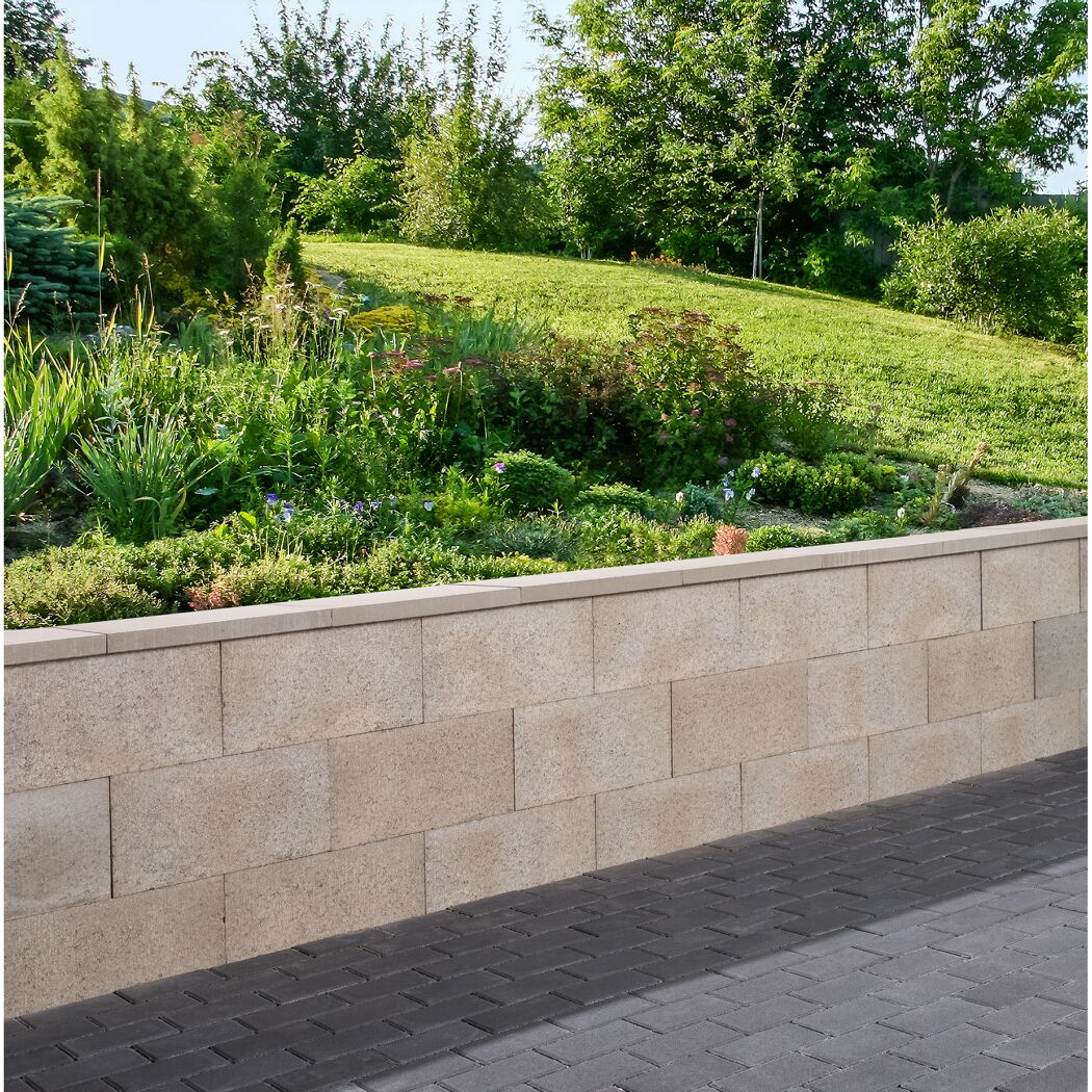 Garten mit Stützmauer und Pflasterweg