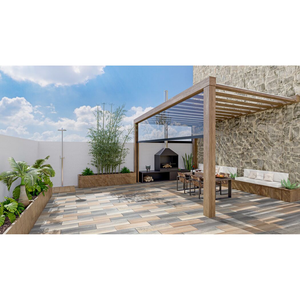 Gepflasterte Terrasse mit Überdachung, Esstisch und Feuerstelle