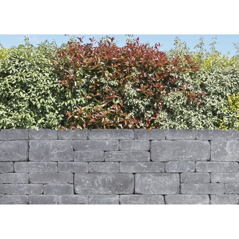 Graue Steinmauer mit Hecke