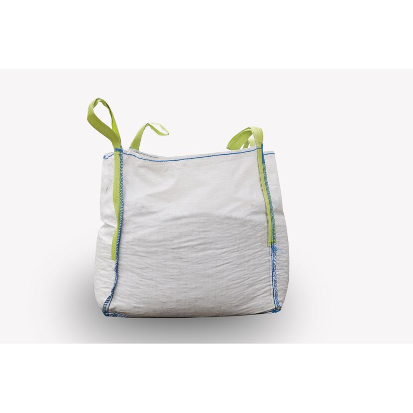 Weißer Big Bag mit grünen Henkeln gefüllt mit Bruchsteinen gelb 32/56 mm