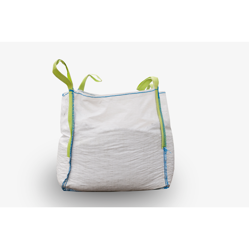 Weißer Schüttgut-Sack mit grünen Henkeln.