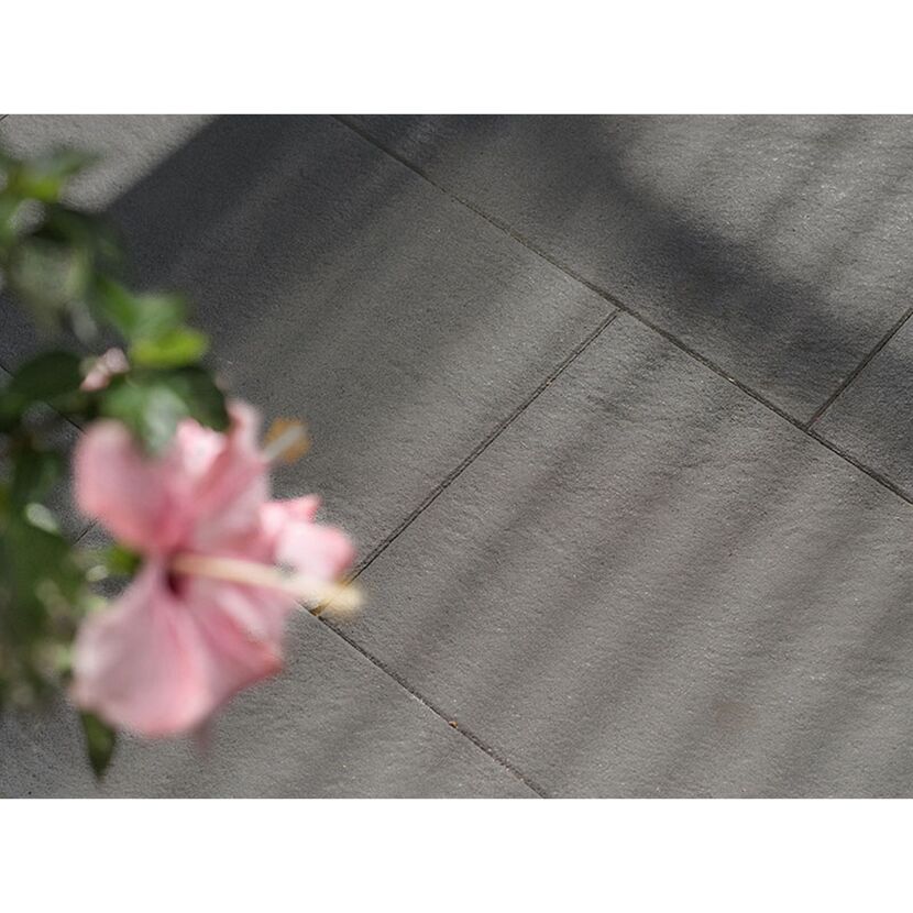 Graue Terrassenplatte neben einer Hibiskusblüte