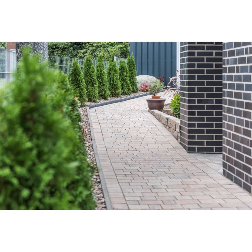Gepflasterter Gartenweg mit angrenzender Hecke
