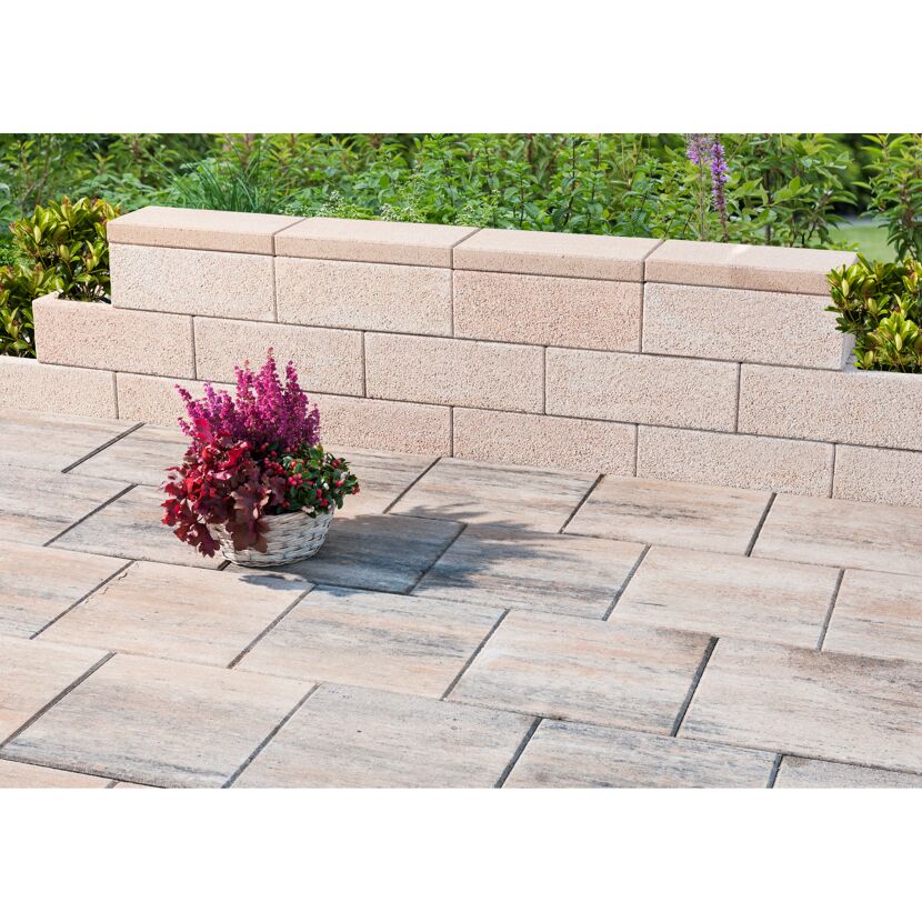 Blumenkübel auf gepflasterter Terrasse mit niedriger Mauer
