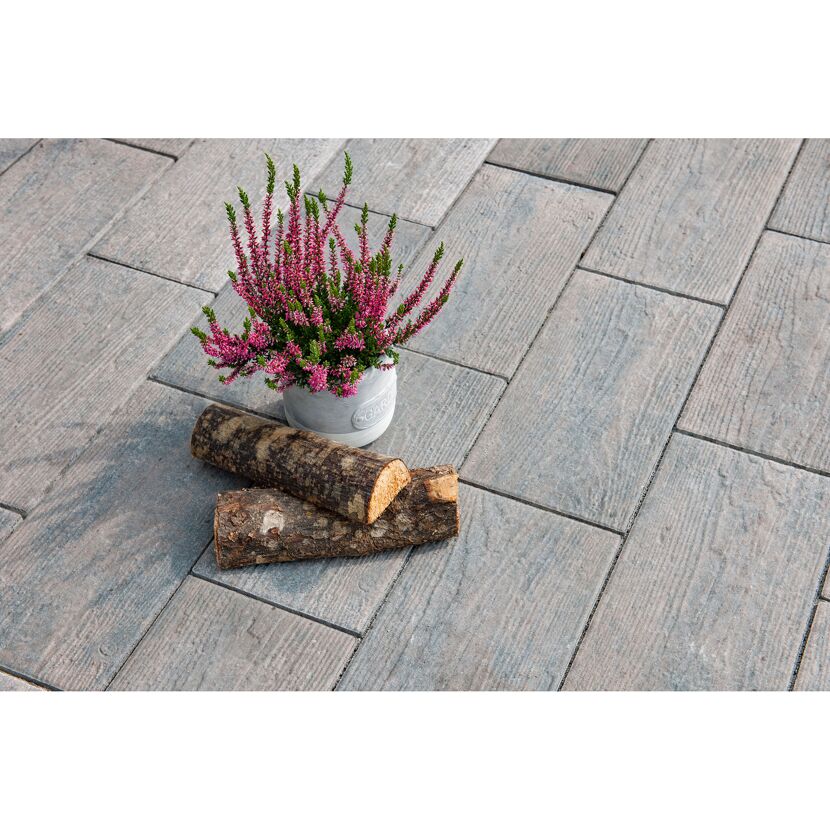 Graue Terrassenplatten T-Place Timber, Topfpflanze und Holzscheite