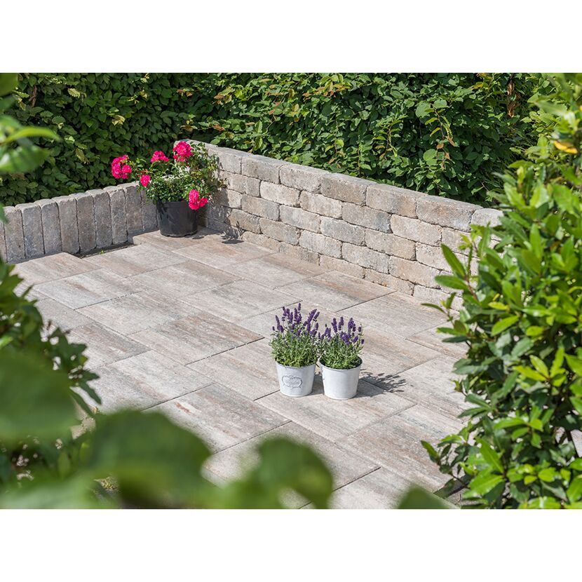Gepflasterte Terrasse mit Blumentöpfen und niedriger Mauer